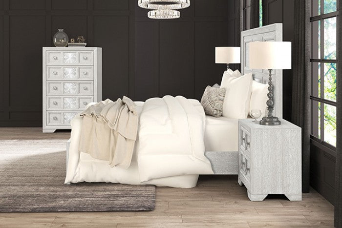 Argenthart Queen Bedroom Set – Light Gray | 4-Pc & 5-Pc | Sunburst Headboard, Dresser, Mirror, Chest