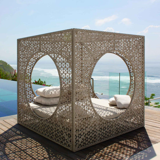 Cube Daybed – Sunbrella Cushions | Seashell Finish | Handwoven Aluminum Outdoor Lounger