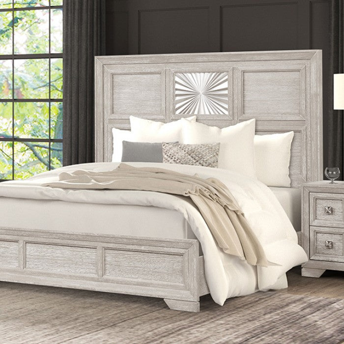 Argenthart Queen Bedroom Set – Light Gray | 4-Pc & 5-Pc | Sunburst Headboard, Dresser, Mirror, Chest