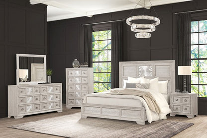 Argenthart Queen Bedroom Set – Light Gray | 4-Pc & 5-Pc | Sunburst Headboard, Dresser, Mirror, Chest