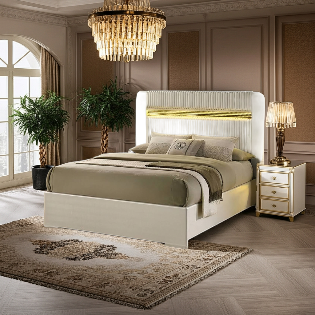 Lucida Queen Bedroom Set – Beige | 4-Pc & 5-Pc | LED Faux Fur Headboard, Dresser, Mirror, Chest