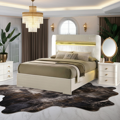 Lucida Queen Bedroom Set – Beige | 4-Pc & 5-Pc | LED Faux Fur Headboard, Dresser, Mirror, Chest