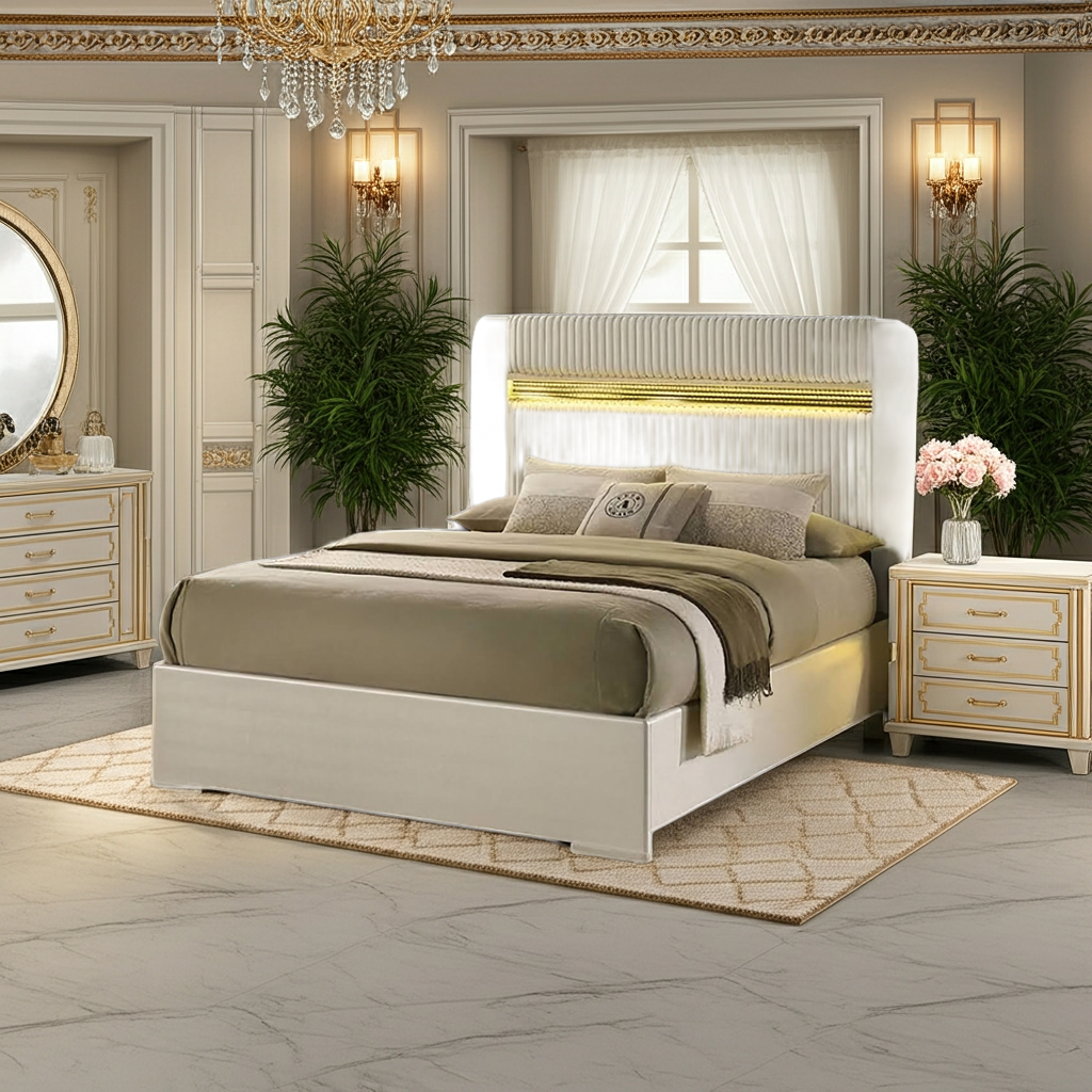 Lucida Queen Bedroom Set – Beige | 4-Pc & 5-Pc | LED Faux Fur Headboard, Dresser, Mirror, Chest