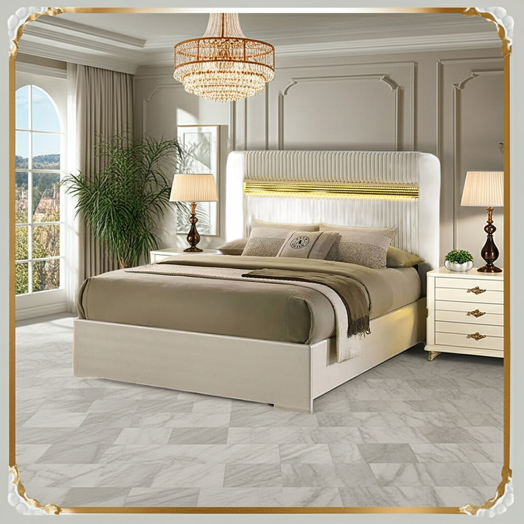 Lucida Queen Bedroom Set – Beige | 4-Pc & 5-Pc | LED Faux Fur Headboard, Dresser, Mirror, Chest