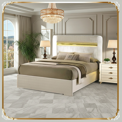 Lucida Queen Bedroom Set – Beige | 4-Pc & 5-Pc | LED Faux Fur Headboard, Dresser, Mirror, Chest