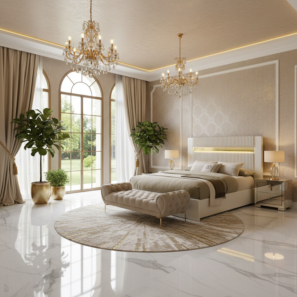 Lucida Queen Bedroom Set – Beige | 4-Pc & 5-Pc | LED Faux Fur Headboard, Dresser, Mirror, Chest