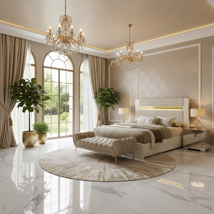 Lucida Queen Bedroom Set – Beige | 4-Pc & 5-Pc | LED Faux Fur Headboard, Dresser, Mirror, Chest