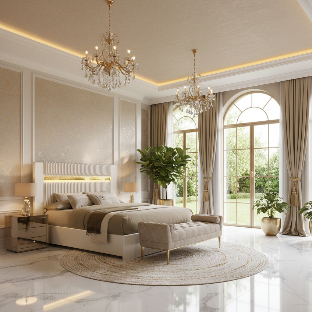 Lucida Queen Bedroom Set – Beige | 4-Pc & 5-Pc | LED Faux Fur Headboard, Dresser, Mirror, Chest