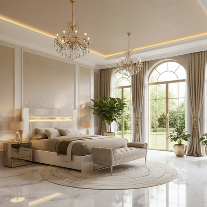 Lucida Queen Bedroom Set – Beige | 4-Pc & 5-Pc | LED Faux Fur Headboard, Dresser, Mirror, Chest