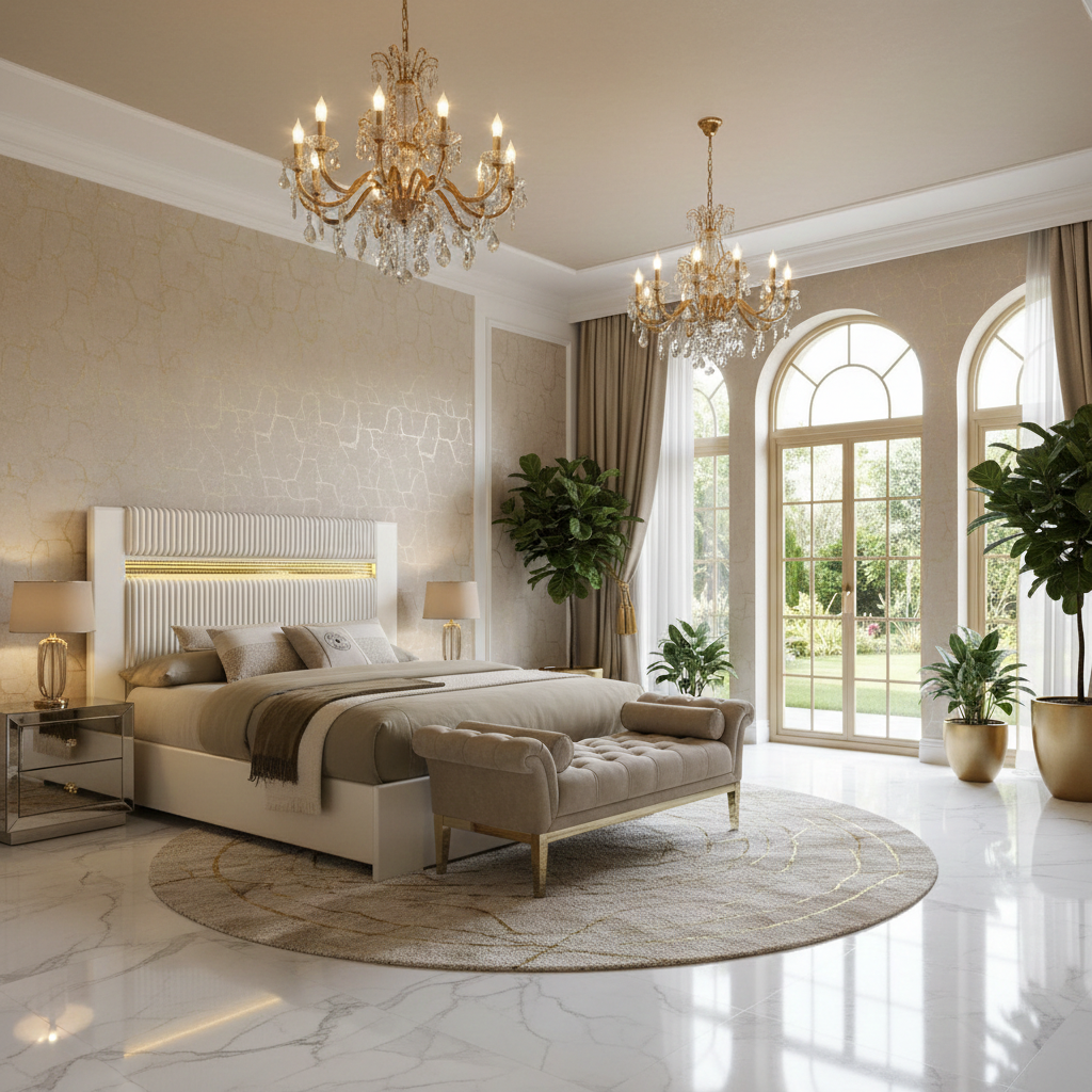 Lucida Queen Bedroom Set – Beige | 4-Pc & 5-Pc | LED Faux Fur Headboard, Dresser, Mirror, Chest