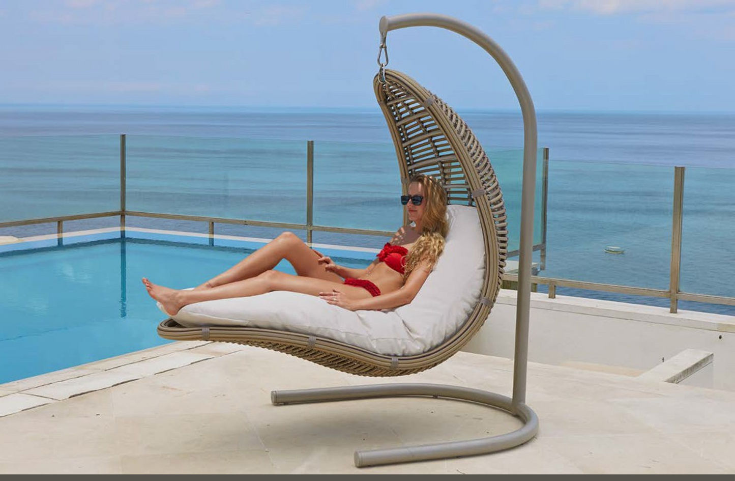 Serene Drone Hanging Chair with Frame and Sunbrella Cushions