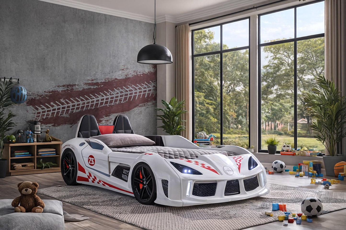 Trackster Kids Race Car Bed| LED Wheels, Remote Sounds, Night-Light Headlights