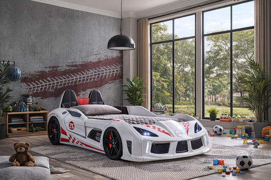 Trackster Kids Race Car Bed| LED Wheels, Remote Sounds, Night-Light Headlights