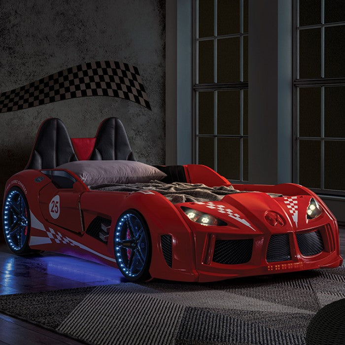 Trackster Kids Race Car Bed| LED Wheels, Remote Sounds, Night-Light Headlights