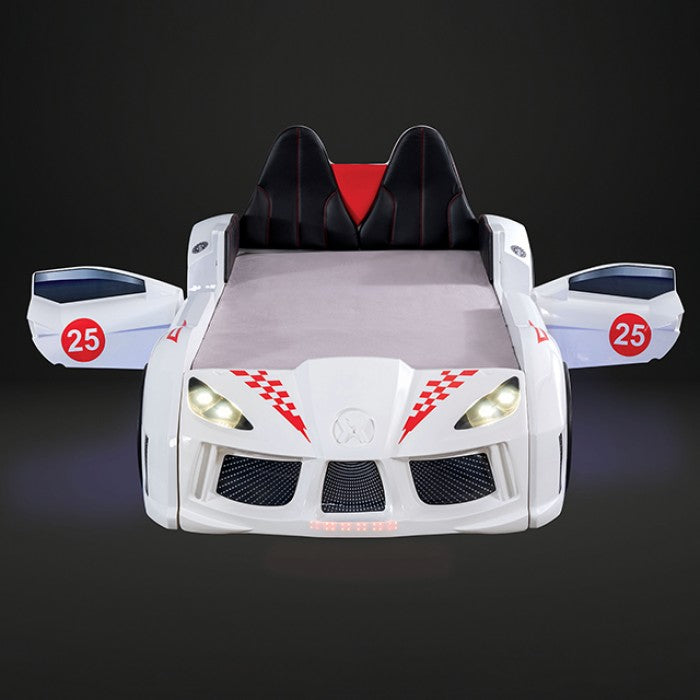 Trackster Kids Race Car Bed| LED Wheels, Remote Sounds, Night-Light Headlights