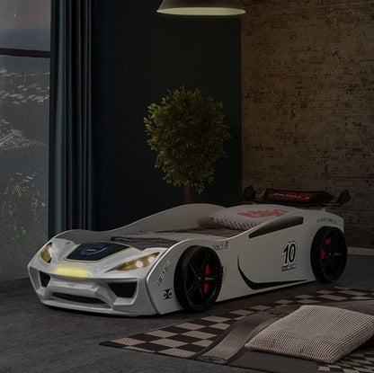 Pacefinder White Race Car Bed – LED Headlights, ABS Frame (FOA7731WH-BED)