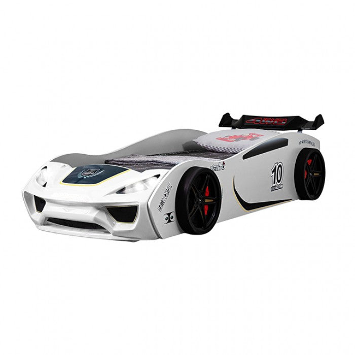 Pacefinder White Race Car Bed – LED Headlights, ABS Frame (FOA7731WH-BED)