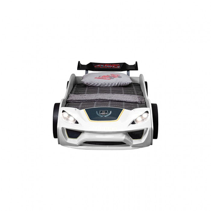 Pacefinder White Race Car Bed – LED Headlights, ABS Frame (FOA7731WH-BED)