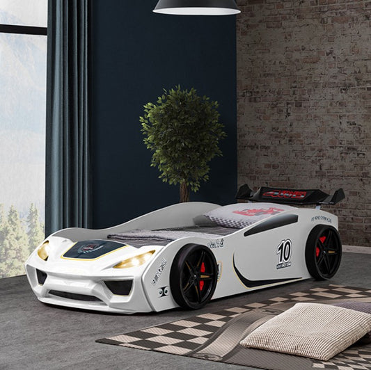 Pacefinder White Race Car Bed – LED Headlights, ABS Frame (FOA7731WH-BED)