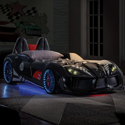 Trackster Kids Race Car Bed| LED Wheels, Remote Sounds, Night-Light Headlights